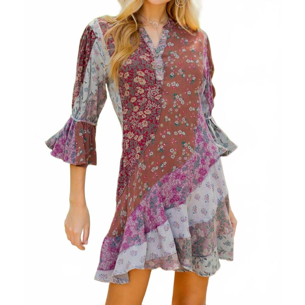 NEW YOUNG THREADS boho patchwork overdyed babydoll dress in multi